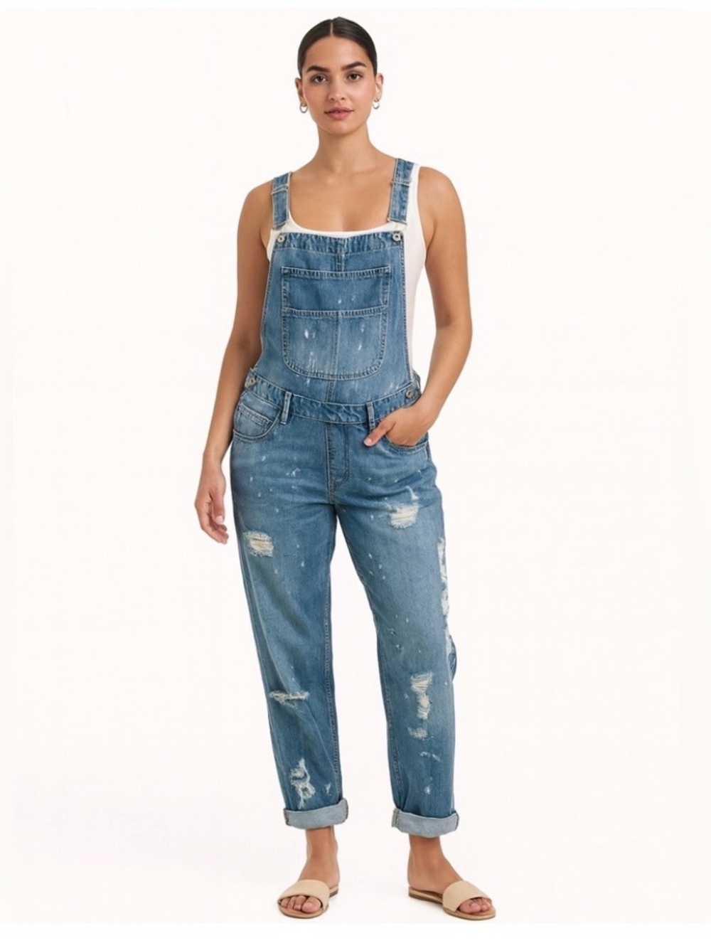 Zara Light Blue Distressed Denim Overalls